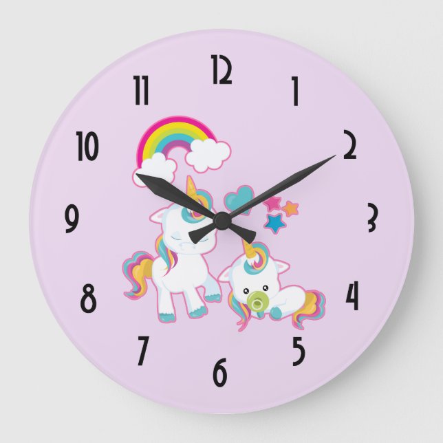 Grande Horloge Ronde Illustration magique Cute Mama & Baby Unicorn (Recto)