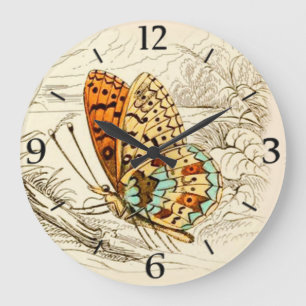 Grande Horloge Ronde Illustration papillon vintage, orange et beige