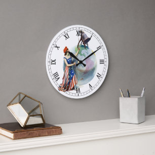 Grande Horloge Ronde Illustration patriotique vintage de Lady Liberty p
