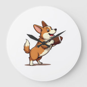 Grande Horloge Ronde Illustration Rétro de Chien de Football Corgi Vint