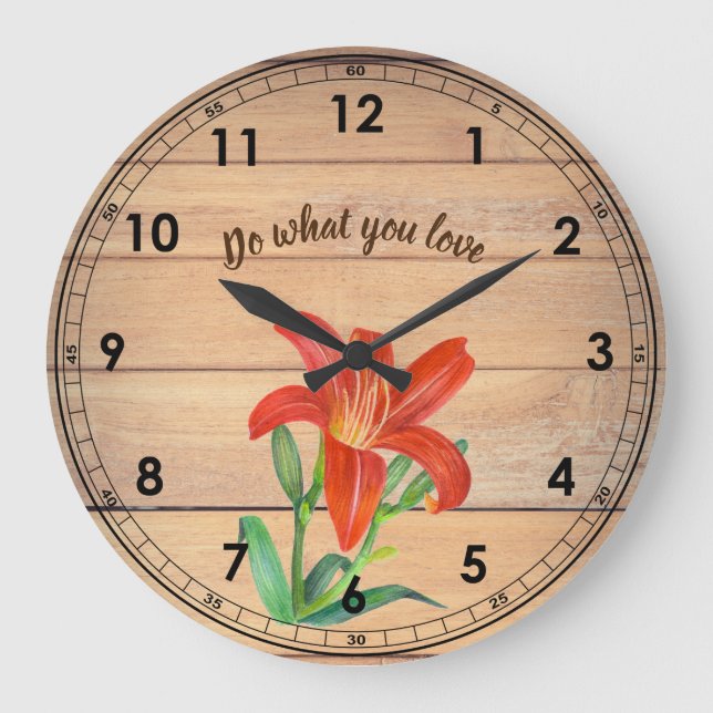 Grande Horloge Ronde Illustration Rustique Aquarelle Orange Lily (Recto)