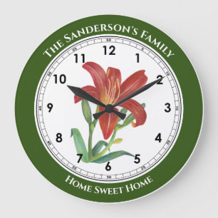 Grande Horloge Ronde Illustration vibrante de lys orange à l'aquarelle