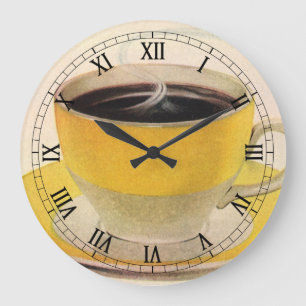 Grande Horloge Ronde Illustration vintage de café dans une tasse jaune