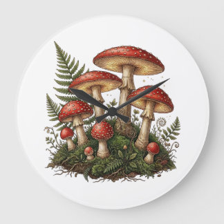 Grande Horloge Ronde Illustration vintage de champignon Amanite tue-mou