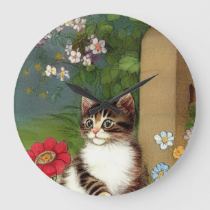 Grande Horloge Ronde Illustration vintage de chat avec fleurs de printe