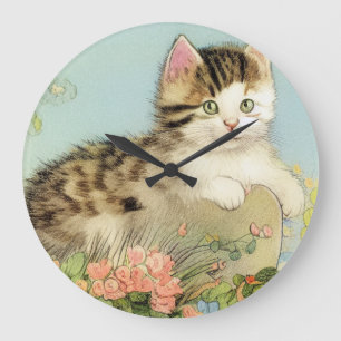 Grande Horloge Ronde Illustration vintage de chat avec fleurs roses