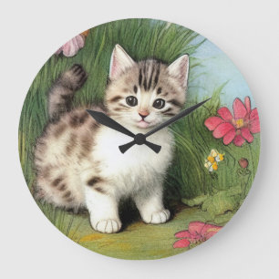 Grande Horloge Ronde Illustration vintage de chat avec Fleurs rouges