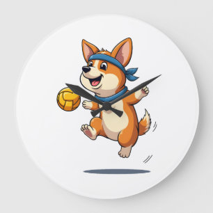 Grande Horloge Ronde Illustration Vintage de Corgi jouant au Volleyball