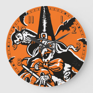 Grande Horloge Ronde Illustration vintage de la sorcière et de la choue