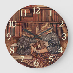 Grande Horloge Ronde Illustration vintage d'enfants lisant dans une bib