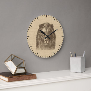 Grande Horloge Ronde Illustration vintage du lion sur Burlap