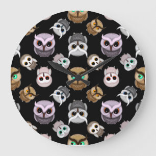 Grande Horloge Ronde Illustrations de chouette mignonne sur fond noir