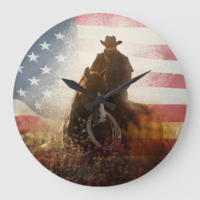 Grande Horloge Ronde Image de cowboy du Jour de l'Indépendance. (Recto)