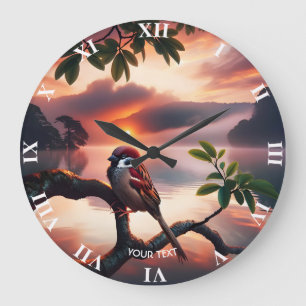 Grande Horloge Ronde Imaginaire Cute Bird Branch Lac