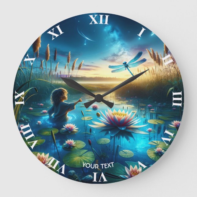 Grande Horloge Ronde Imaginaire Cute Boy Dragonfly Nuit (Recto)