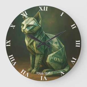 Grande Horloge Ronde Imaginaire Cute Chat Argent Origami