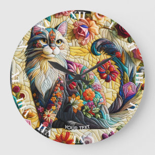Grande Horloge Ronde Imaginaire Cute Chat Vitrail