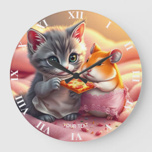 Grande Horloge Ronde Imaginaire Cute Kitten Hamster Pizza