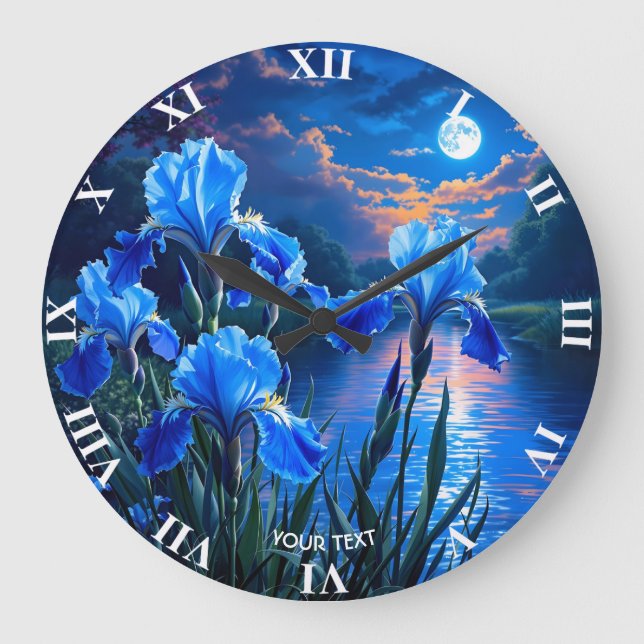 Grande Horloge Ronde Imaginaire Cute River Blue Irises (Recto)