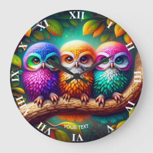 Grande Horloge Ronde Imaginaire Cute Trois Chouettes Vibrantes