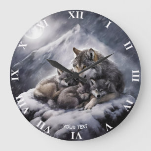 Grande Horloge Ronde Imaginaire Cute Wolf Famille Hiver