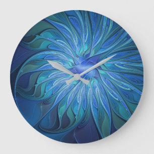 Grande Horloge Ronde Imaginaire Fleur Bleue Motif, Art Fractal Abstrait