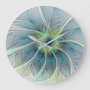 Grande Horloge Ronde Imaginaire fleuri Moderne Bleu Vert Fractal Fleur