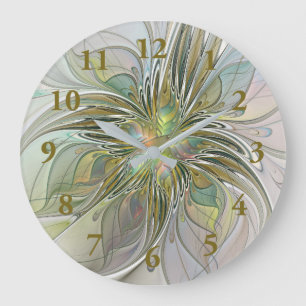Grande Horloge Ronde Imaginaire Floral Fleur Art Fractal Moderne Avec O