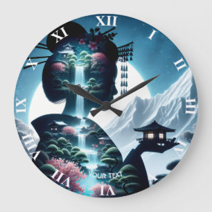 Grande Horloge Ronde Imaginaire jolie Japonaise paysage fille japonaise