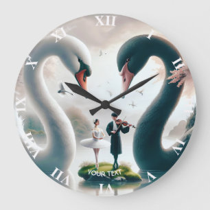 Grande Horloge Ronde Imaginaire mignon cygnes noirs blancs