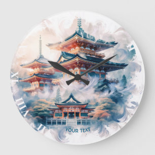 Grande Horloge Ronde Imaginaire mignon Temple japonais Aquarelle