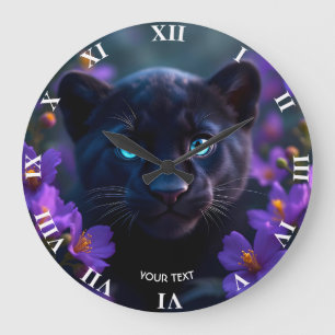 Grande Horloge Ronde Imaginaire mignonne Baby Panther Fleurs