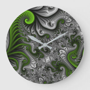 Grande Horloge Ronde Imaginaire Monde Vert Et Gris Art Fractal Abstrait