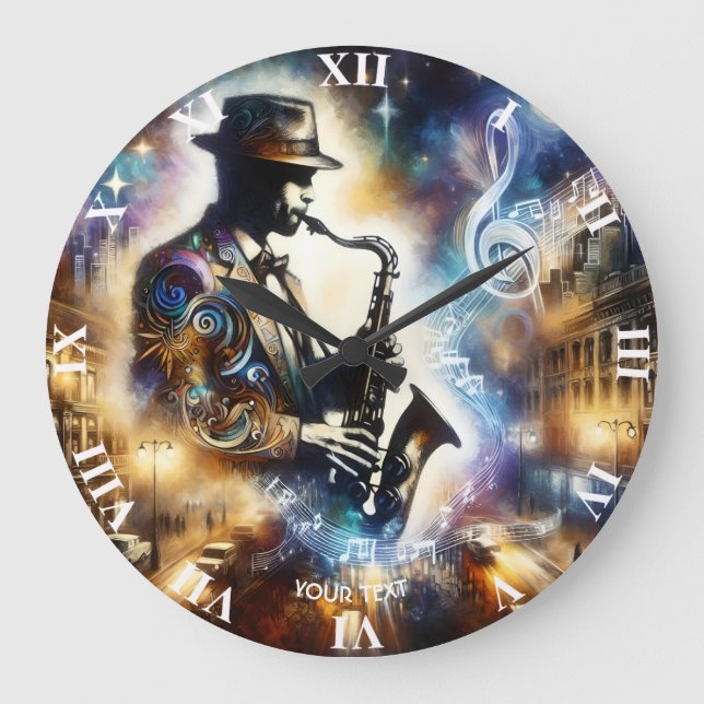 Grande Horloge Ronde Imaginaire musicien de rue mignonne Saxophone (Recto)