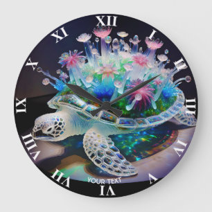 Grande Horloge Ronde Imaginaire Tortue mignonne Fleurs de verre