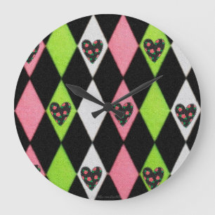 Grande Horloge Ronde Impression colorée d'Arlequin avec des cœurs de ro