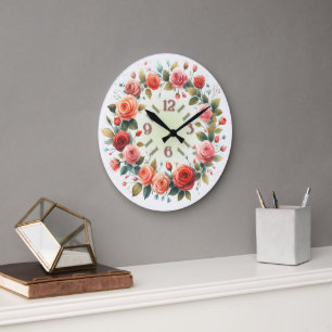 Grande Horloge Ronde Impression d'art Couronne de roses aquarelle