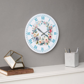 Grande Horloge Ronde Impression d'art Couronne de roses sauvages aquare