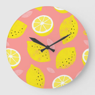 Grande Horloge Ronde Impression de citron, motif d'été brillant et tran