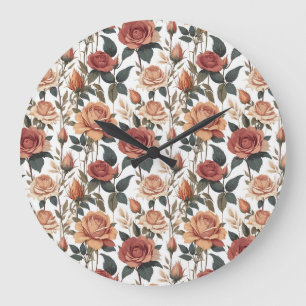 Grande Horloge Ronde Impression de fleur de rose rouge de nature vintag