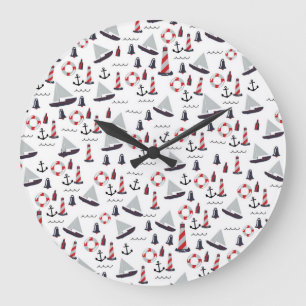 Grande Horloge Ronde Impression de motif nautique micro vintage.