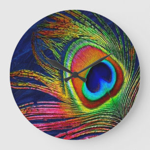 Grande Horloge Ronde Impression de plume de paon colorée