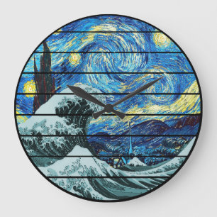 GRANDE HORLOGE RONDE IMPRESSIONNISME NUIT ÉTOILÉE VAGUE DE KANAGAWA ART