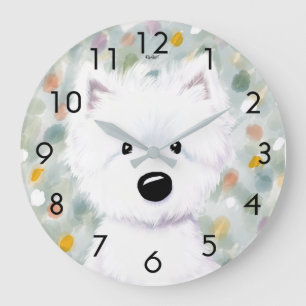 Grande Horloge Ronde Impressions de Westie Fluffy KiniArt