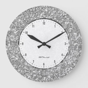 Grande Horloge Ronde Imprimante Silver Gray Glitter Texture