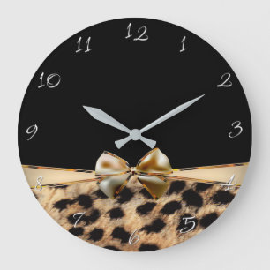 Grande Horloge Ronde Imprimé animal noir et or léopard guépard