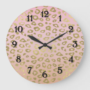 Grande Horloge Ronde Imprimé léopard or ombré rose