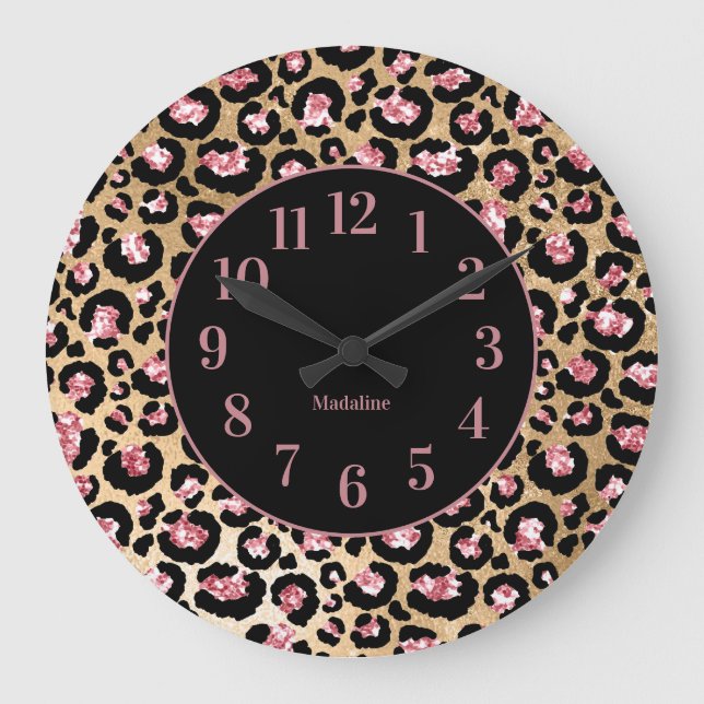 Grande Horloge Ronde Imprimé Monogramme Guépard Léopard Noir Rose Éléga (Recto)