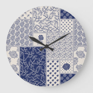 Grande Horloge Ronde Indigo Bleu Beige Floral Patchwork