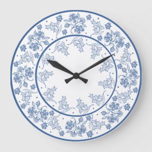Grande Horloge Ronde Indigo personnalisé sur la bordure florale blanche
